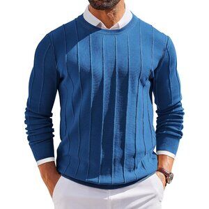 Mens Crew Neck Sweater Long Sleeve Ribbed Knit Slim Fit Pullover Dark Blue Dress